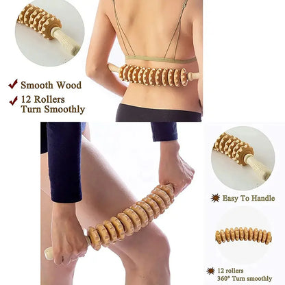 Wooden Fascia Massage Roller – Anti-Slip Handle Body Massager for Arms, Legs, Thighs & Back Relaxation