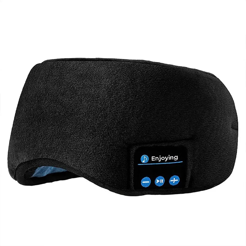 Black bluetooth sleep headphones with eye mask featuring built-in control buttons for music and volume