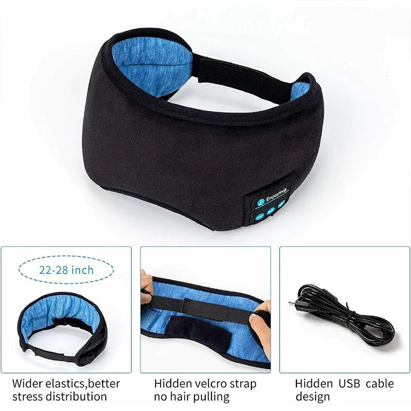 Black and blue bluetooth sleep headphones with eye mask featuring hidden velcro strap and USB charging cable