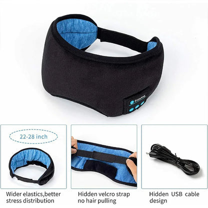 Black and blue bluetooth sleep headphones with eye mask featuring hidden velcro strap and USB charging cable