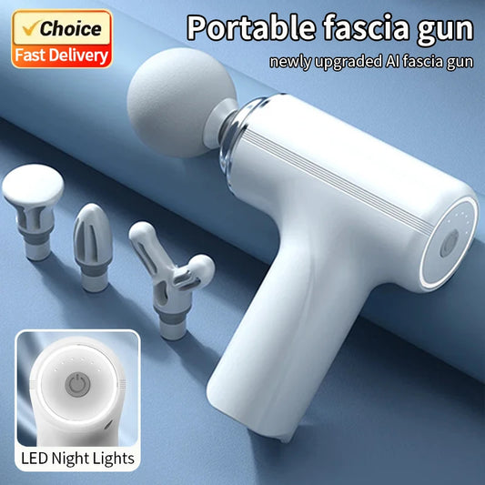 White portable AI massage gun with four interchangeable heads and LED night lights