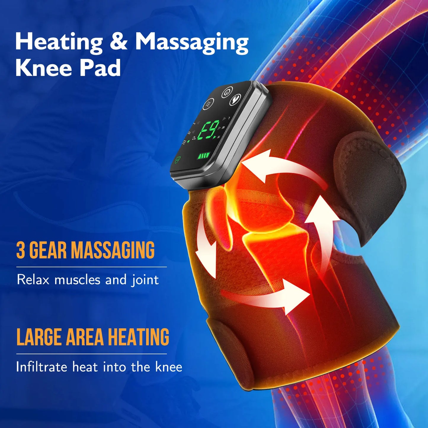 Rechargeable Heated Knee Massager – 3 Gear Vibration & Electric Heating Pad for Knee, Shoulder & Leg Pain Relief