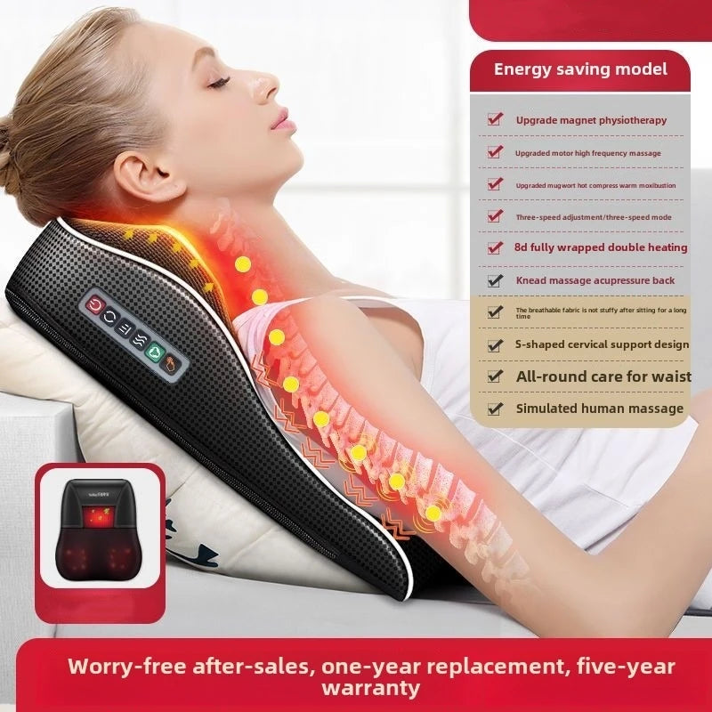 Electric shiatsu neck and back massager with heating and adjustable settings wrapped around a woman’s shoulders