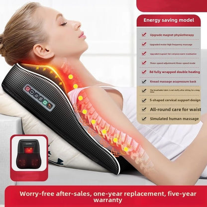 Electric shiatsu neck and back massager with heating and adjustable settings wrapped around a woman’s shoulders