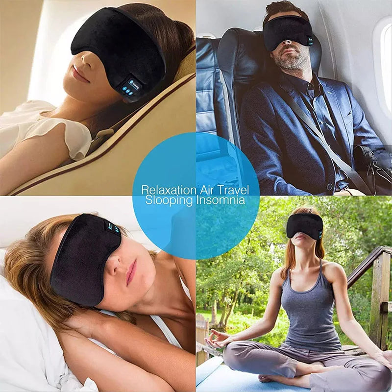 Bluetooth sleep headphones with eye mask worn by people relaxing, sleeping, and meditating in various settings