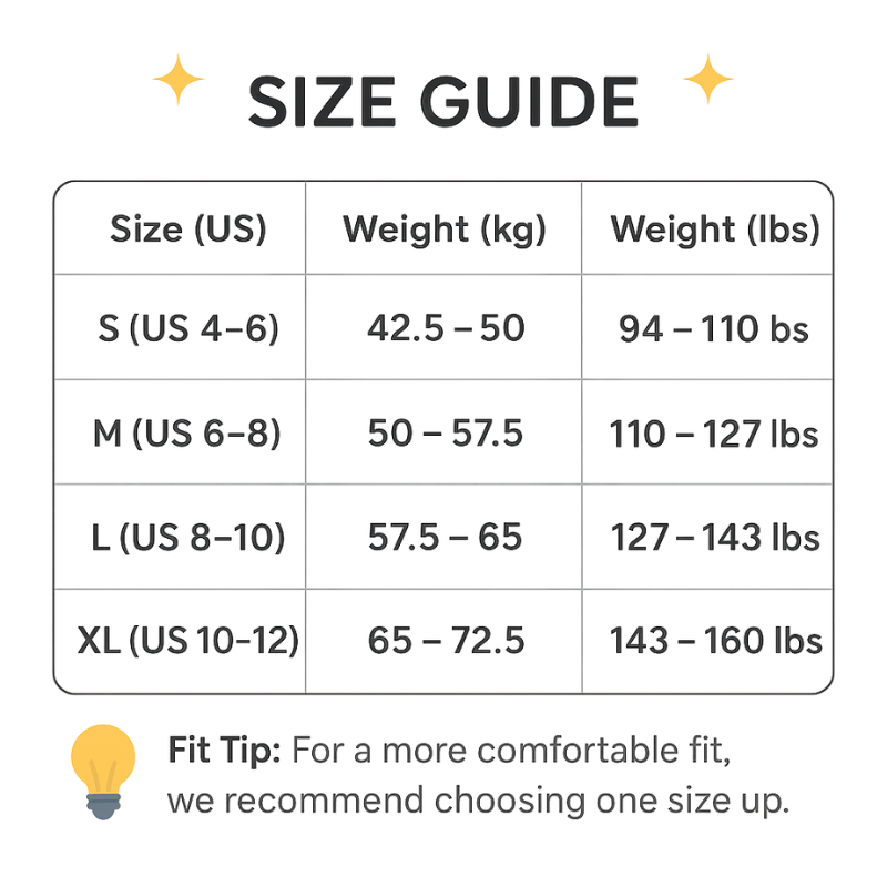 Posture corrector bra for women size guide showing US sizes S to XL with weight ranges in kg and lbs