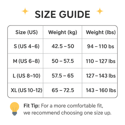 Posture corrector bra for women size guide showing US sizes S to XL with weight ranges in kg and lbs