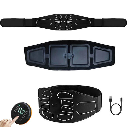 Zorelie.co abdominal massager waist belt in black with control unit and USB charging cable