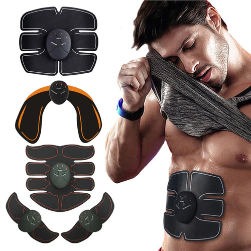 Abs stimulator for fast muscle toning with multiple pad designs shown on a muscular man using device on abs