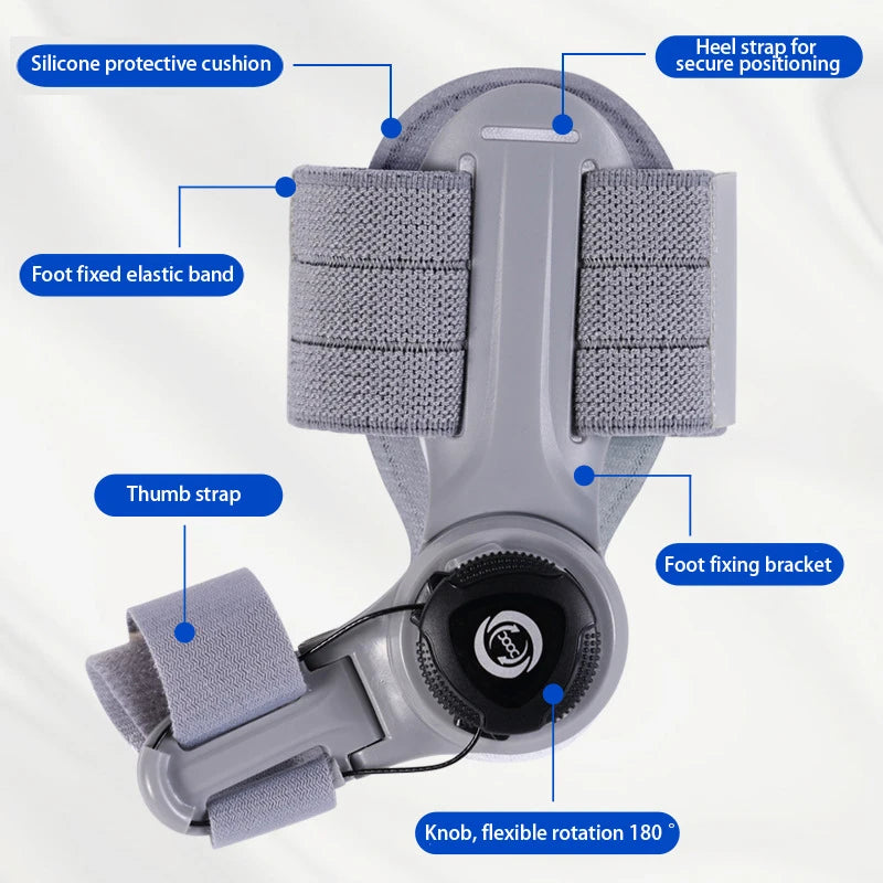 Adjustable bunion corrector brace with silicone cushion, elastic bands, thumb strap, and 180-degree rotation knob
