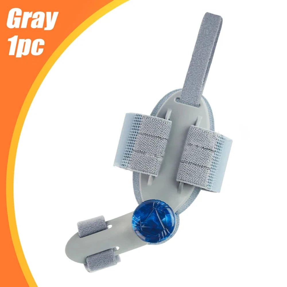 Gray adjustable bunion corrector with straps and blue gel pad for foot pain relief