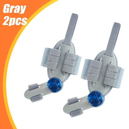 Gray adjustable bunion corrector pair with blue tension knob and dual straps for foot alignment
