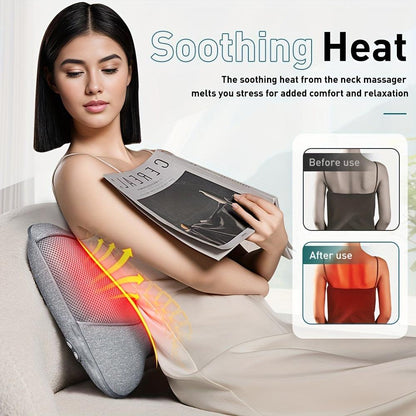 Zorelie adjustable heated massage pad providing soothing heat relief for neck and back while relaxing on a couch