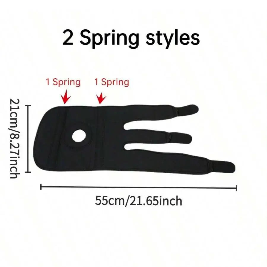 Adjustable knee brace for pain relief with two spring supports and straps measuring 21cm by 55cm