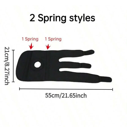 Adjustable knee brace for pain relief with two spring supports and straps measuring 21cm by 55cm