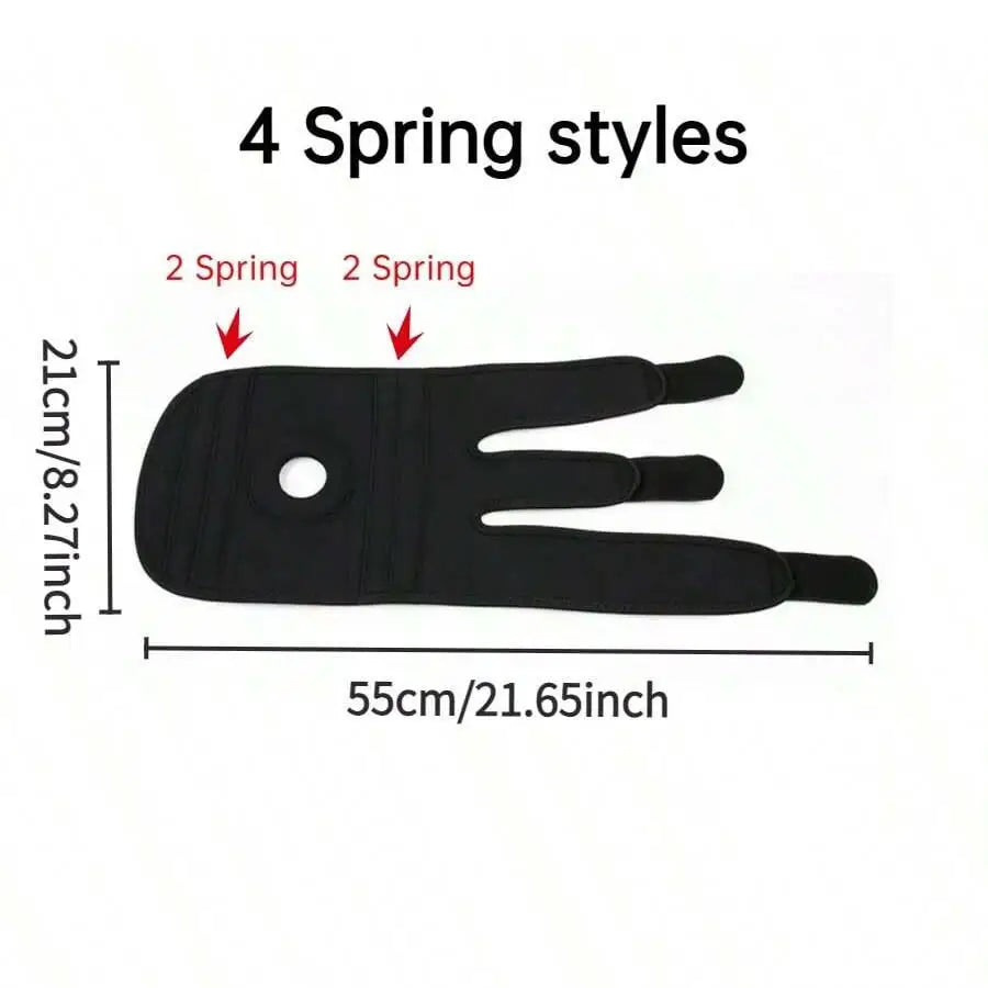 Adjustable knee brace for pain relief with black straps and 4 spring supports measuring 55cm by 21cm