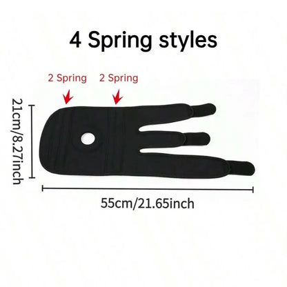 Adjustable knee brace for pain relief with black straps and 4 spring supports measuring 55cm by 21cm