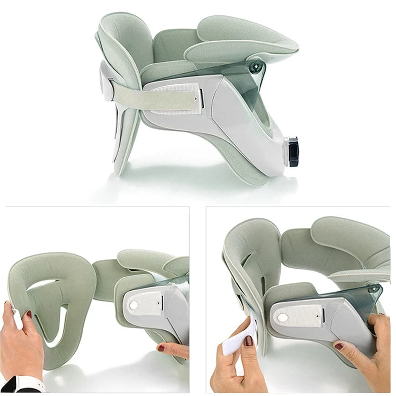 Adjustable neck stretcher collar in light green with padded cushions and manual tension control by Zorelie.co