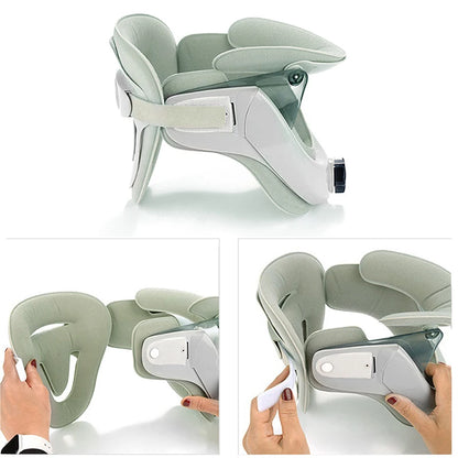 Adjustable neck stretcher collar in light green with padded cushions and manual tension control by Zorelie.co