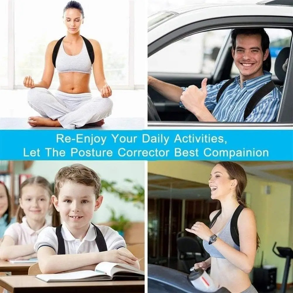 Adjustable posture corrector belt worn by different people during yoga, driving, studying, and exercising