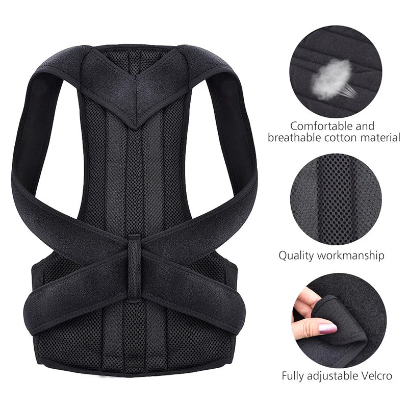 Black adjustable scoliosis posture corrector with breathable cotton material and fully adjustable Velcro straps