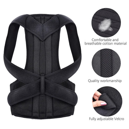 Black adjustable scoliosis posture corrector with breathable cotton material and fully adjustable Velcro straps