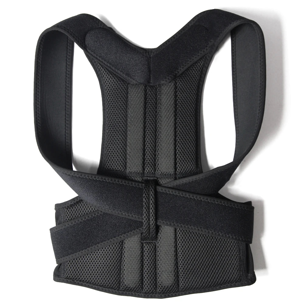 Black adjustable scoliosis posture corrector with breathable mesh and secure straps for back support