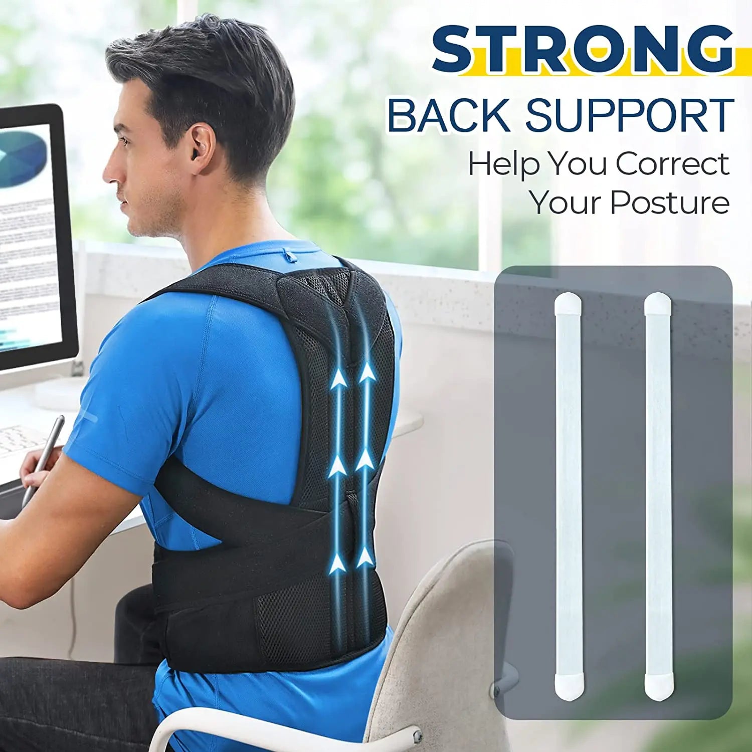 Man wearing adjustable scoliosis posture corrector providing strong back support while sitting at desk