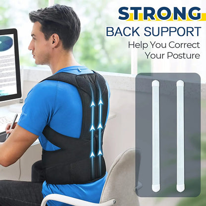 Man wearing adjustable scoliosis posture corrector providing strong back support while sitting at desk