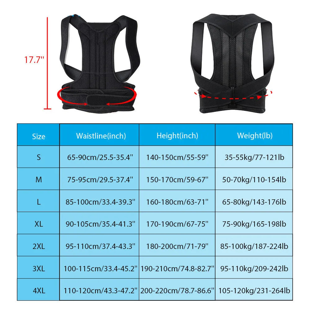Adjustable scoliosis posture corrector by Zorelie.co shown from front and back with size chart details