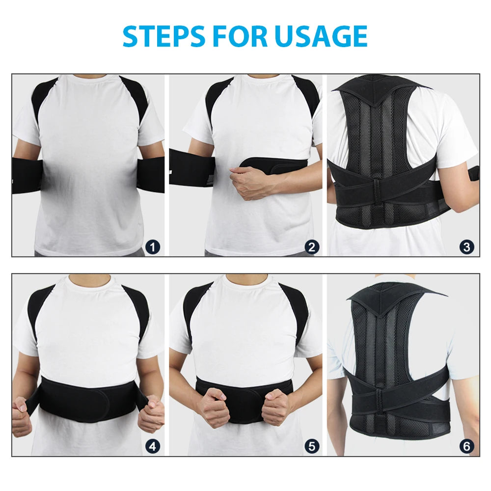 Step-by-step guide showing how to wear the adjustable scoliosis posture corrector on a person