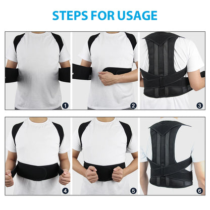 Step-by-step guide showing how to wear the adjustable scoliosis posture corrector on a person