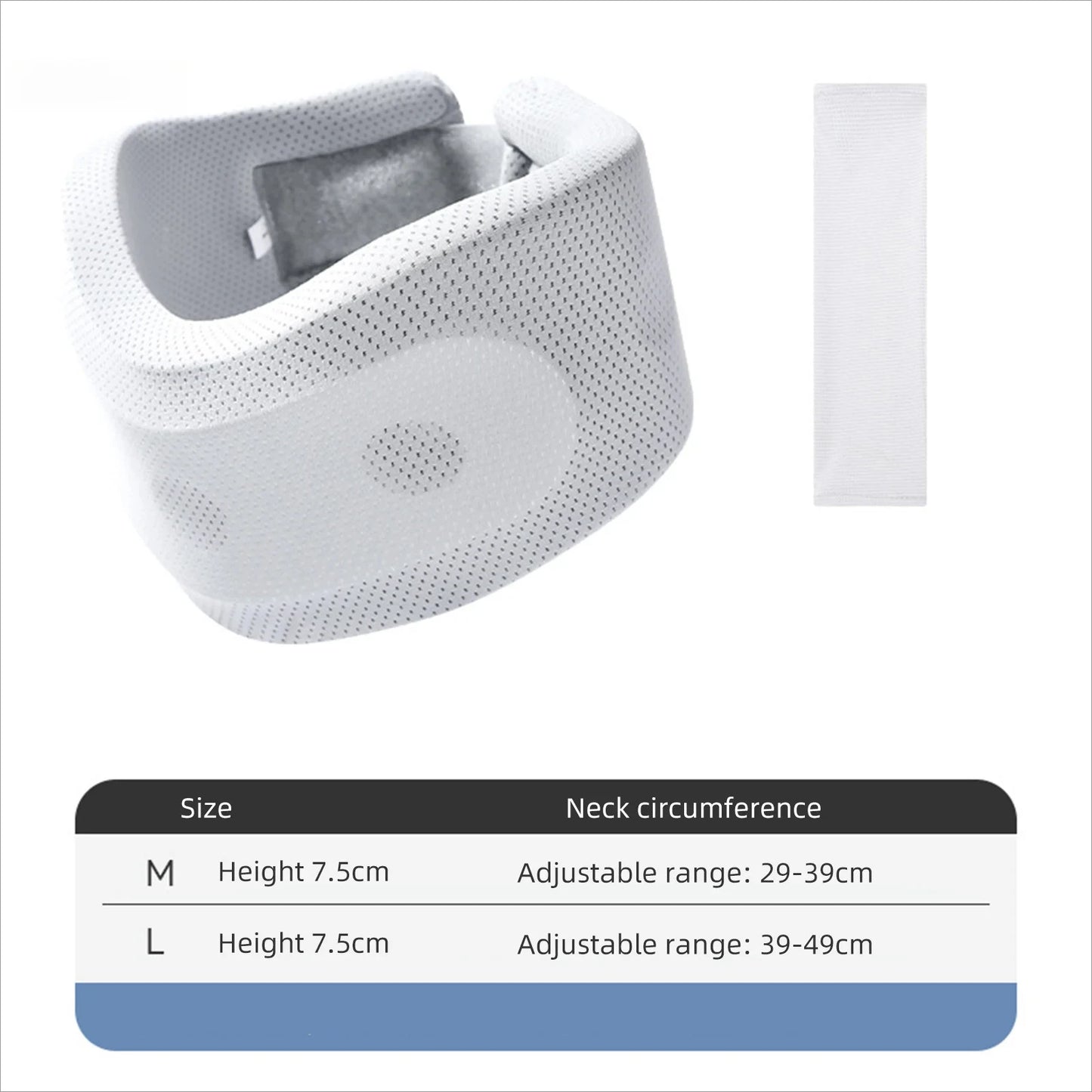 Zorelie.co adjustable soft foam neck brace in white with breathable mesh material and size chart