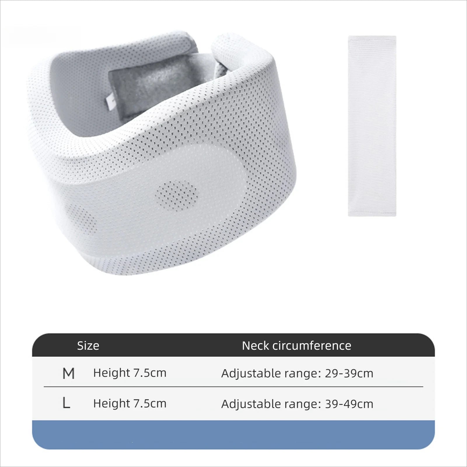 Zorelie.co adjustable soft foam neck brace in white with breathable mesh material and size chart