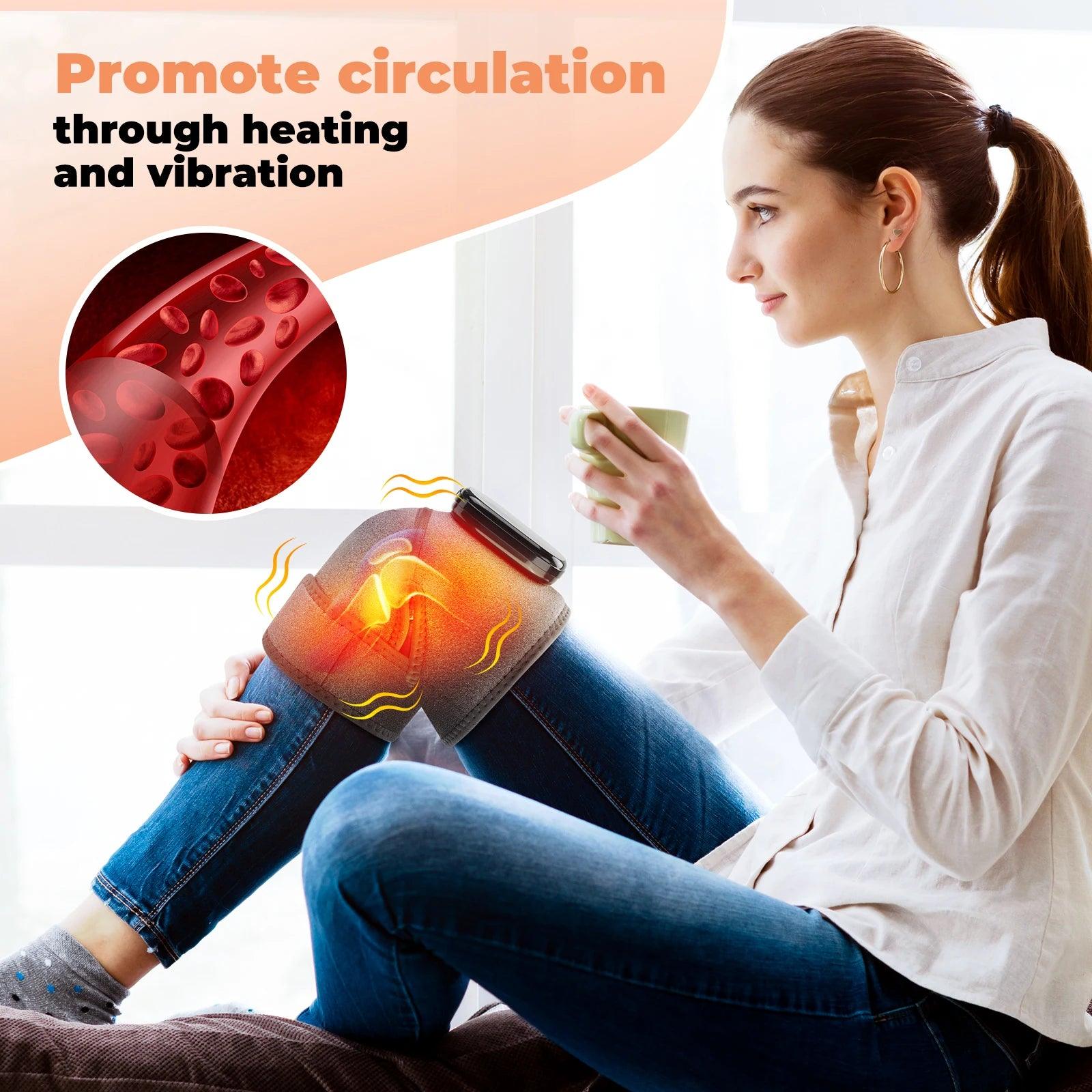 Woman using Zorelie advanced heat therapy device on knee to promote circulation with heating and vibration