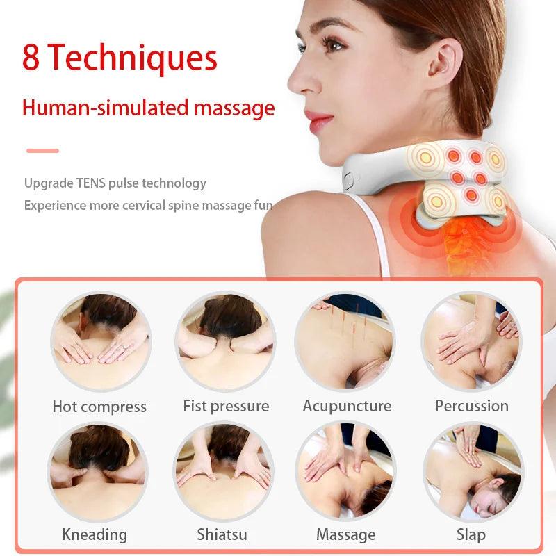 Zorelie advanced neck massager for pain relief showing 8 human-simulated massage techniques with heat and pressure