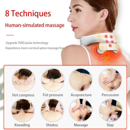 Zorelie advanced neck massager for pain relief showing 8 human-simulated massage techniques with heat and pressure