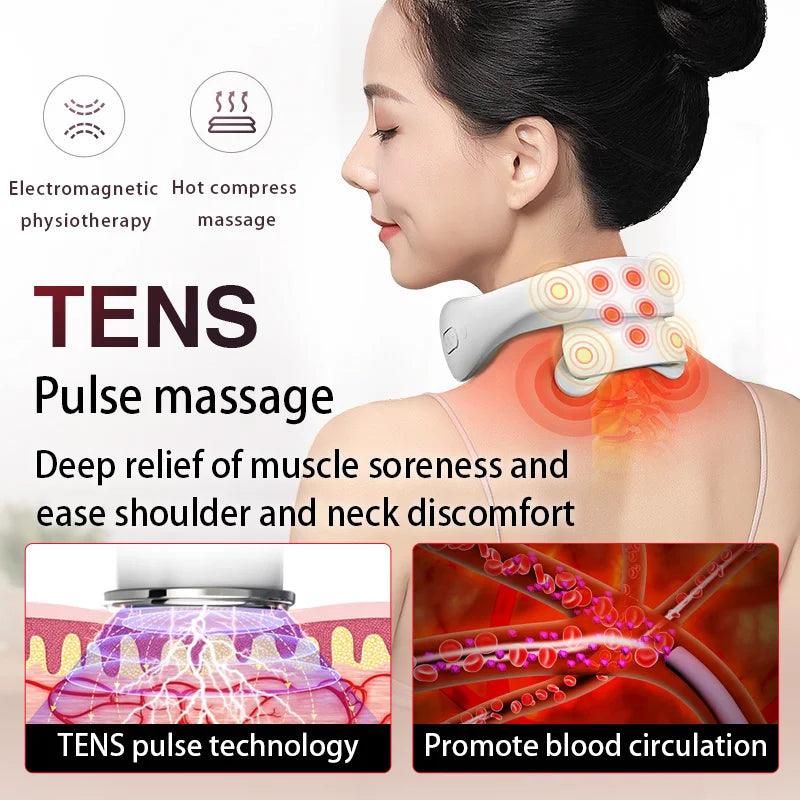 Zorelie advanced neck massager for pain relief with TENS pulse technology and hot compress for muscle soreness