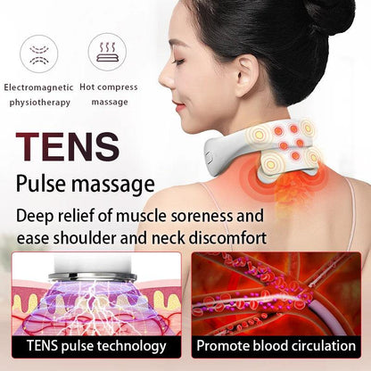 Zorelie advanced neck massager for pain relief with TENS pulse technology and hot compress for muscle soreness
