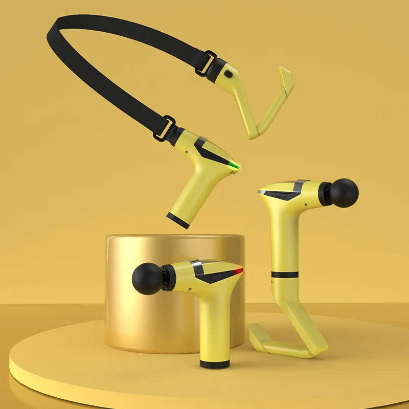 Yellow advanced percussion massage gun with multiple attachments and adjustable strap on a gold pedestal
