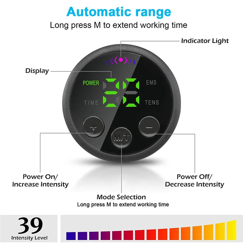 Control panel for AI abdominal toning belt with power, intensity buttons, display, and 39 intensity levels