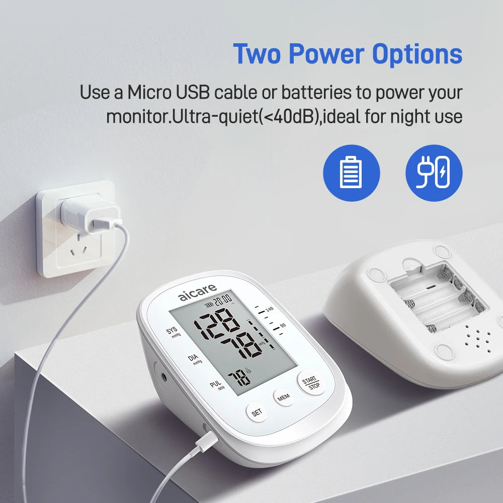 Zorelie.co automatic upper arm blood pressure monitor with two power options includes USB and batteries