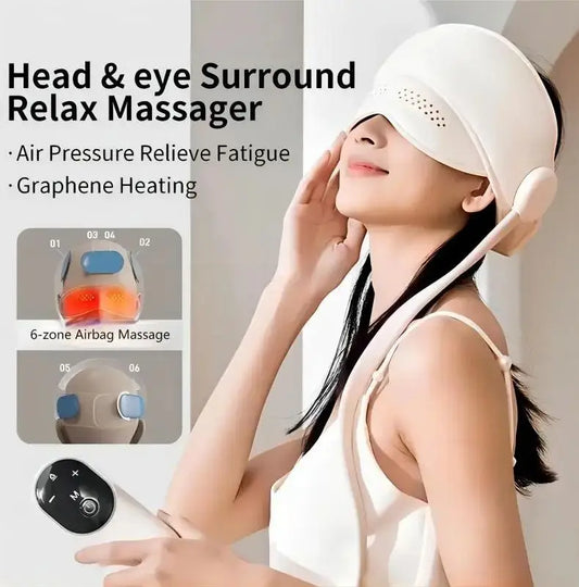 Woman wearing Zorelie.co air pressure head and eye massager with remote control and 6-zone airbag massage