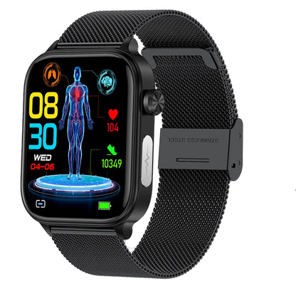 Zorelie.co all-in-one health smartwatch with black stainless steel mesh band and digital health display