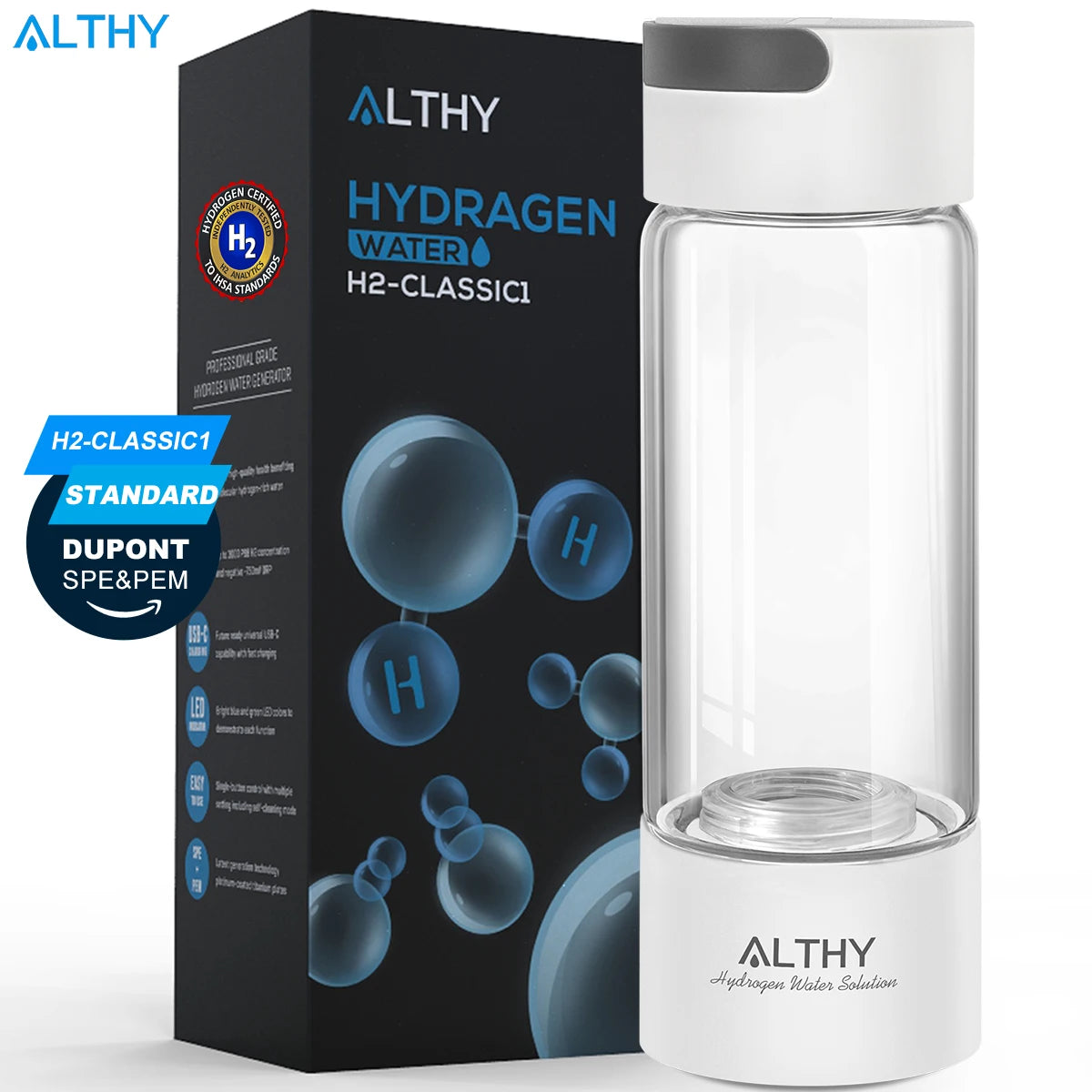 Althy portable hydrogen water generator bottle with transparent design and white top and base