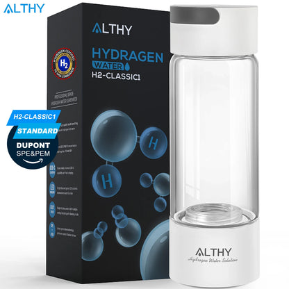 Althy portable hydrogen water generator bottle with transparent design and white top and base