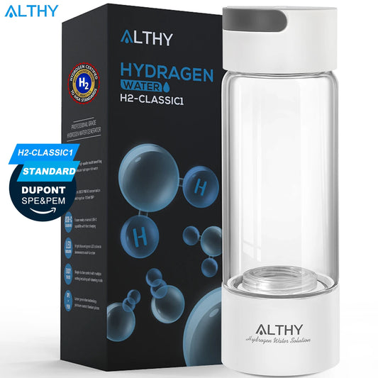 Althy portable hydrogen water generator bottle with transparent design and white top and base