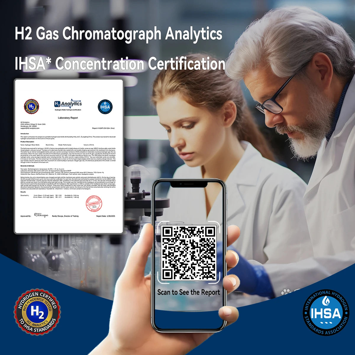 Portable hydrogen water generator bottle H2 gas chromatograph analytics with IHSA concentration certification and scan QR code