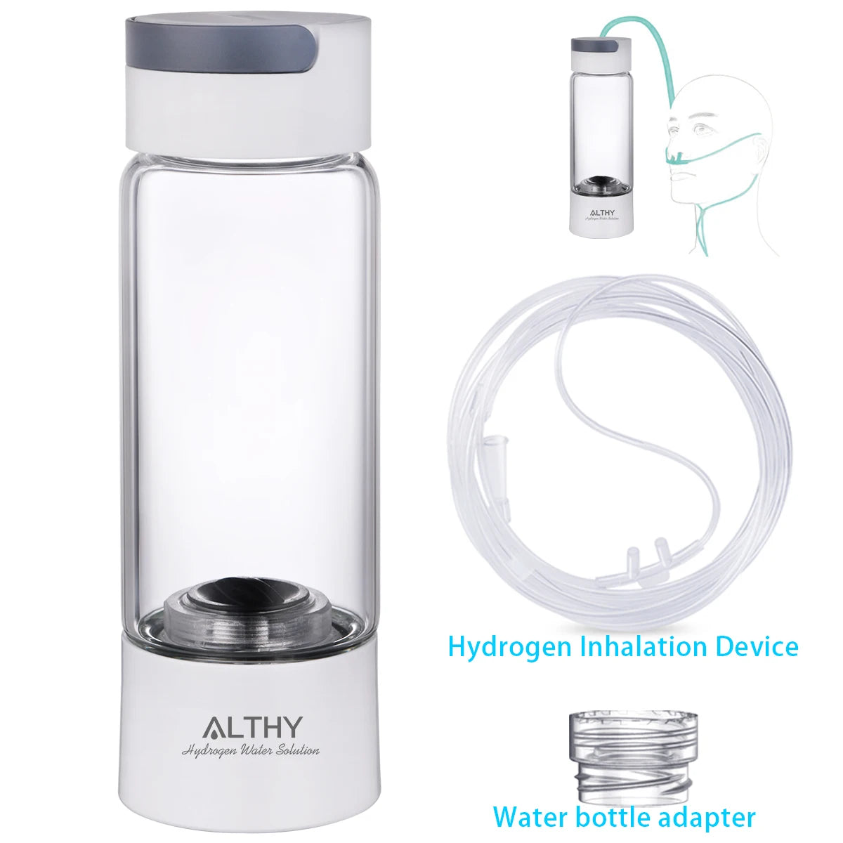 Zorelie.co portable hydrogen water generator bottle with hydrogen inhalation device and water bottle adapter