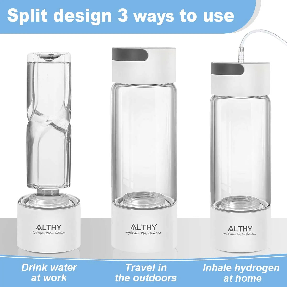 Zorelie.co portable hydrogen water generator bottle with split design showing three usage modes for drinking water, travel, and inhaling hydrogen